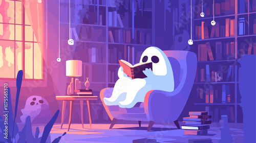 Ghost is sitting in a chair reading a book. The chair is in a room with a lot of books flat vector illustration