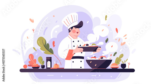 Chef is cooking food in a kitchen. He is holding a bowl of food and a spoon flat vector illustration