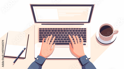 Person is typing on a laptop computer. A cup of coffee is on the table next to the laptop flat vector illustration