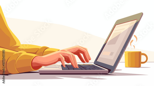 Person is typing on a laptop computer. A cup of coffee is on the table next to the laptop flat vector illustration