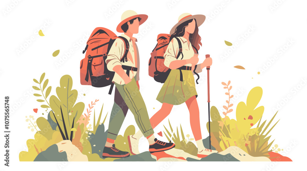Obraz premium Man and a woman are walking in a forest. The man is wearing a backpack and the woman is wearing a hat flat vector illustration