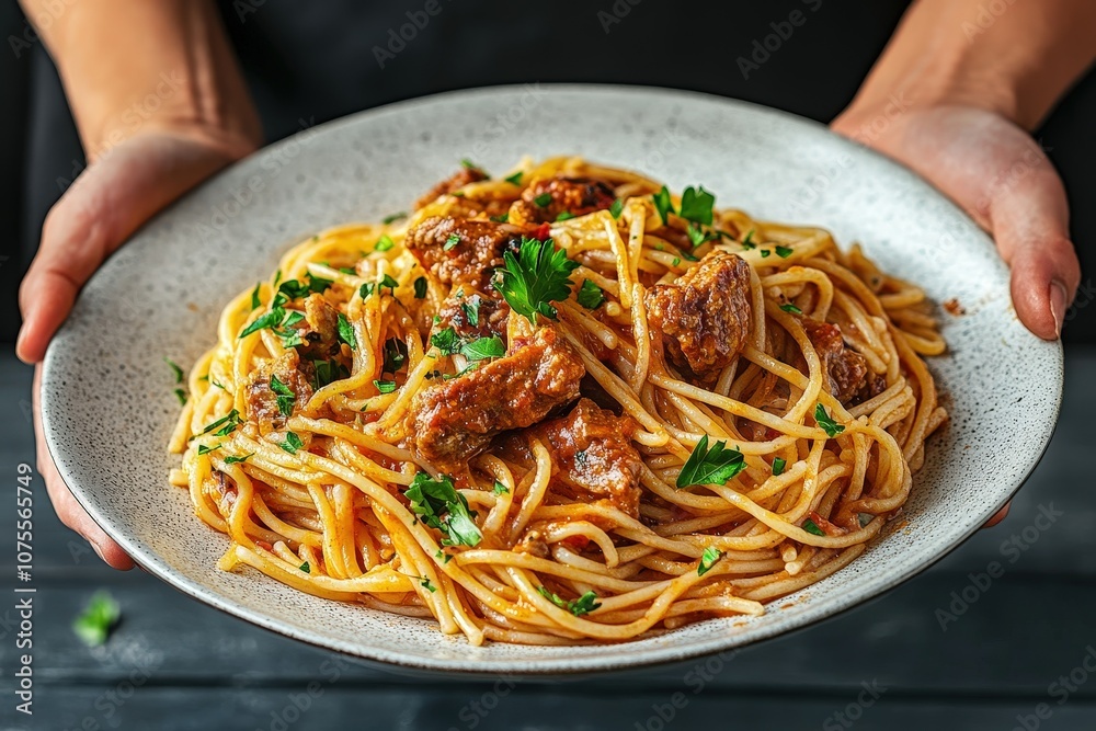 A close-up of a steaming plate of spicy shrimp pasta garnished with fresh parsley. Beautiful simple AI generated image
