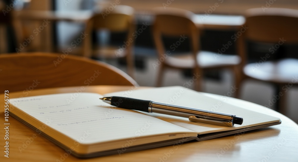 Open notebook with pen on wooden table in cafe setting Open notebook with pen on wooden table in cafe setting