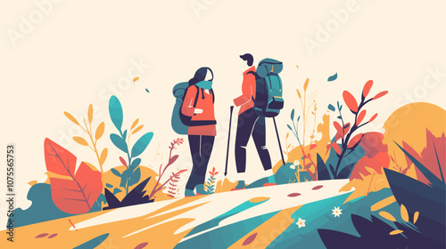 Two people are walking on a path in a forest. One of them is wearing a backpack. The other person is carrying a cane flat vector illustration