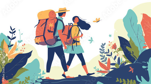 Man and a woman are walking in a forest. The man is carrying a backpack and the woman is carrying a handbag flat vector illustration