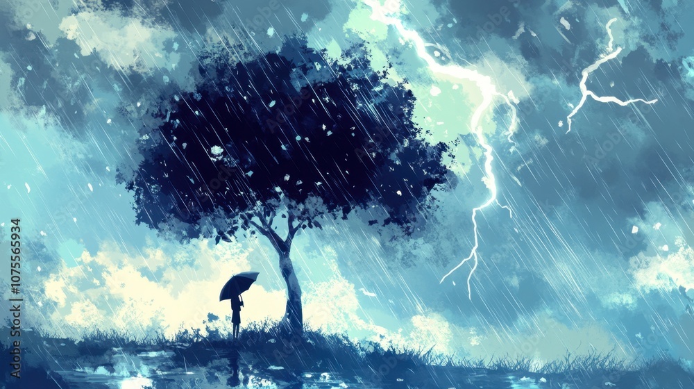 Fototapeta premium Stormy Scene with Tree and Umbrella in Rain