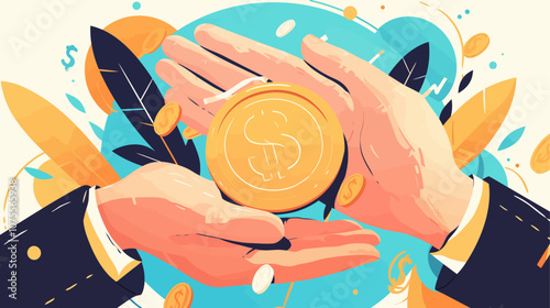 Hand is holding a coin with the number 1 on it. The hand is also holding a bunch of other coins flat vector illustration