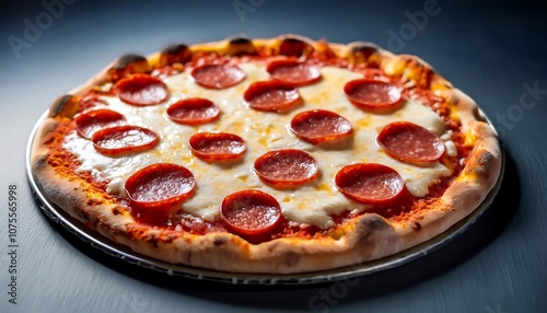  A frozen pizza features pepperoni, melted mozzarella cheese, and tangy tomato sauce atop a _1(282) photo