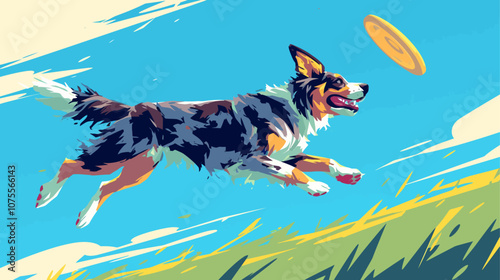 Dog is running and catching a frisbee. The frisbee is yellow and white flat vector illustration