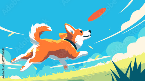 Dog is running with a frisbee in its mouth. The dog is orange and white flat vector illustration