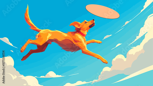 Dog is jumping in the air to catch a frisbee. The frisbee is white and has a black outline flat vector illustration