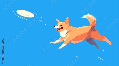 Dog is in the air, catching a white frisbee in its mouth. The frisbee is flying through the air flat vector illustration