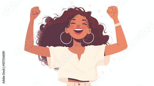 Woman with curly hair is smiling and raising her arms. She is wearing a white shirt and a pair of hoop earrings flat vector illustration