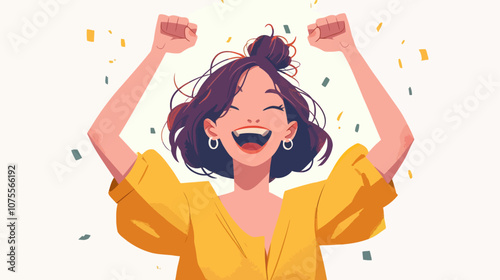 Woman is smiling and has her hands up in the air. She is wearing a yellow shirt flat vector illustration