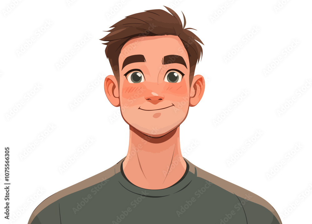 Cartoon man with a green shirt and brown hair. He is smiling. The cartoon is on a white background flat vector illustration Cartoon man with a green shirt and brown hair. He is smiling. The cartoon is on a white background flat vector illustration