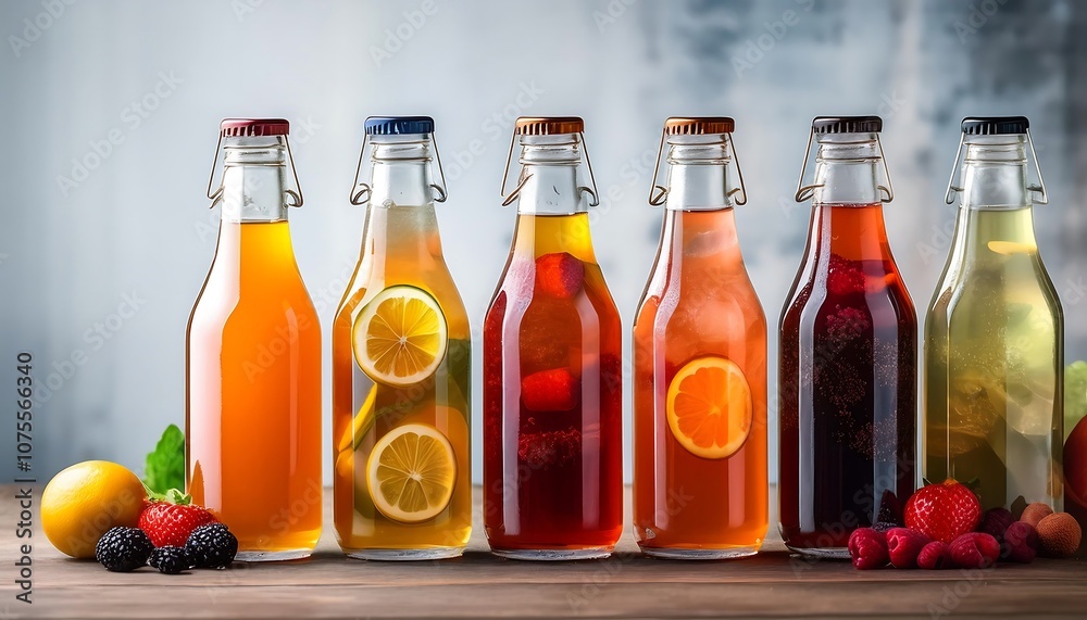 A fizzy kombucha tea is bottled with various colorful fruit flavors and bubbly texture _1(269) A fizzy kombucha tea is bottled with various colorful fruit flavors and bubbly texture _1(269)