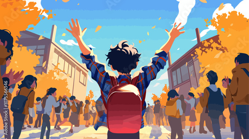 Boy with a backpack is standing in front of a crowd of people. The crowd is cheering and clapping flat vector illustration