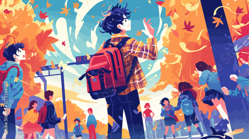 Man with a backpack is walking in a park with other people. The man is wearing a mask flat vector illustration