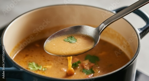 Obraz na płótnie Hearty homemade lentil soup in pot with ladle w salonie