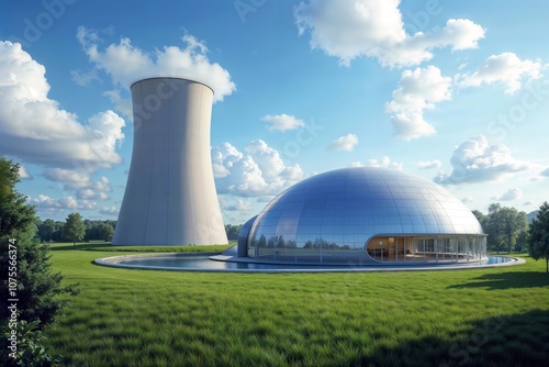 Nuclear Power Plant. The image shows a modern nuclear power plant with a cooling tower and a spherical containment dome. photo