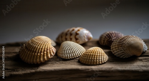 Sea shells collection on rustic wooden surface