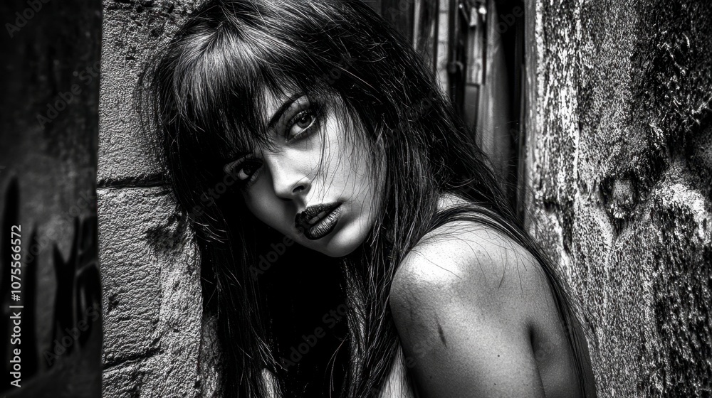 Intense Portrait of a Beautiful Woman in Alley Intense Portrait of a Beautiful Woman in Alley