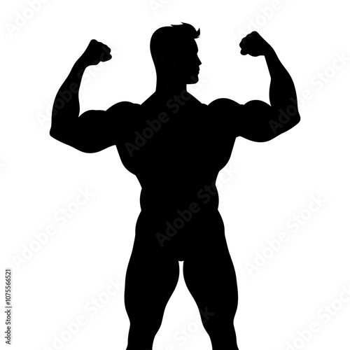 Silhouette of a muscular man flexing biceps, showcasing fitness and raw energy. Generative AI.