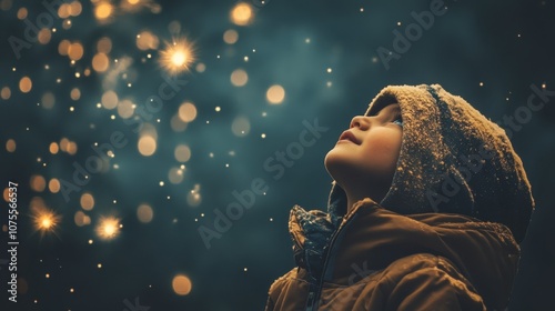 Child Gazing at Sparkling Snowfall in Winter Night