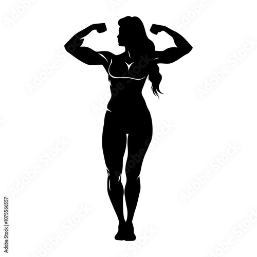Female athlete silhouette flexing muscles, representing strength, power, and fitness. Generative AI.