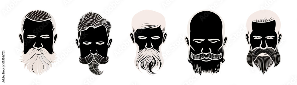 Five unique male portrait illustrations, each with distinct facial hair styles, in monochrome. Generative AI. Five unique male portrait illustrations, each with distinct facial hair styles, in monochrome. Generative AI.