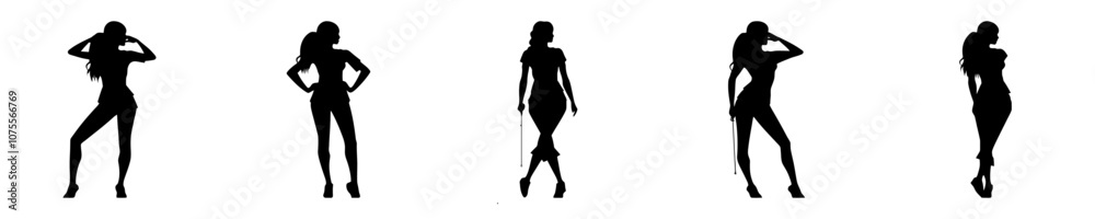 Fototapeta premium Collection of five fashionable women silhouettes, each standing elegantly with distinct styles. Generative AI.