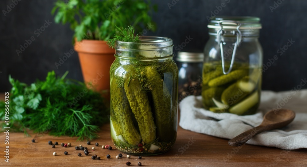 Homemade dill pickles in glass jars on rustic kitchen countertop