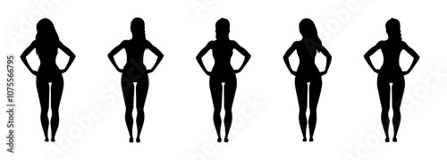 Five identical female silhouettes standing in a confident, symmetrical posture. Generative AI.