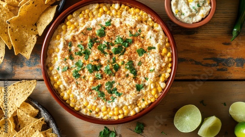 A bowl of creamy corn dip with tortilla chips, lime wedges, and cilantro.