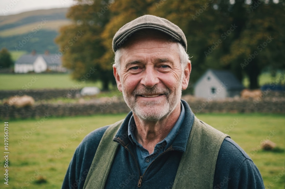Close portrait of a smiling senior Irish male farmer standing and looking at the camera, outdoors Irish rural blurred background Close portrait of a smiling senior Irish male farmer standing and looking at the camera, outdoors Irish rural blurred background
