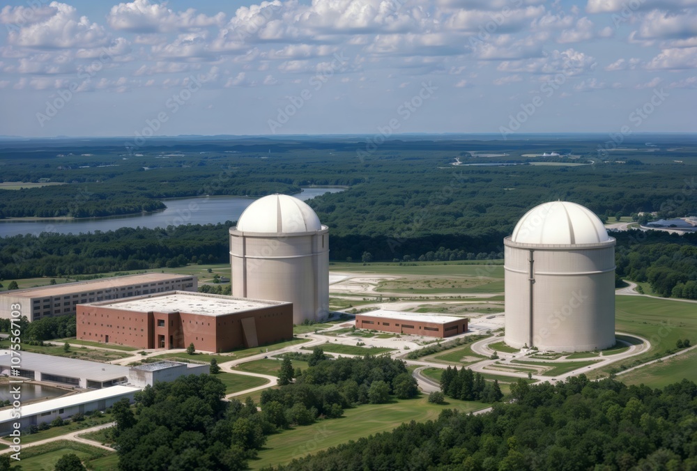 Fototapeta premium Nuclear Power Plant Aerial View. An aerial view of a nuclear power plant with two large containment domes and surrounding buildings.