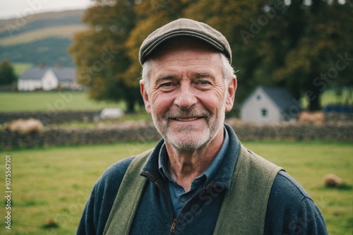 Close portrait of a smiling senior Irish male farmer standing and looking at the camera, outdoors Irish rural blurred background