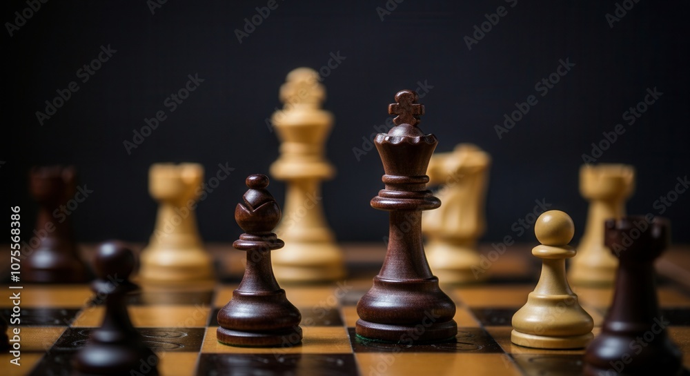 Strategic chess pieces on wooden board with focus on the queen Strategic chess pieces on wooden board with focus on the queen