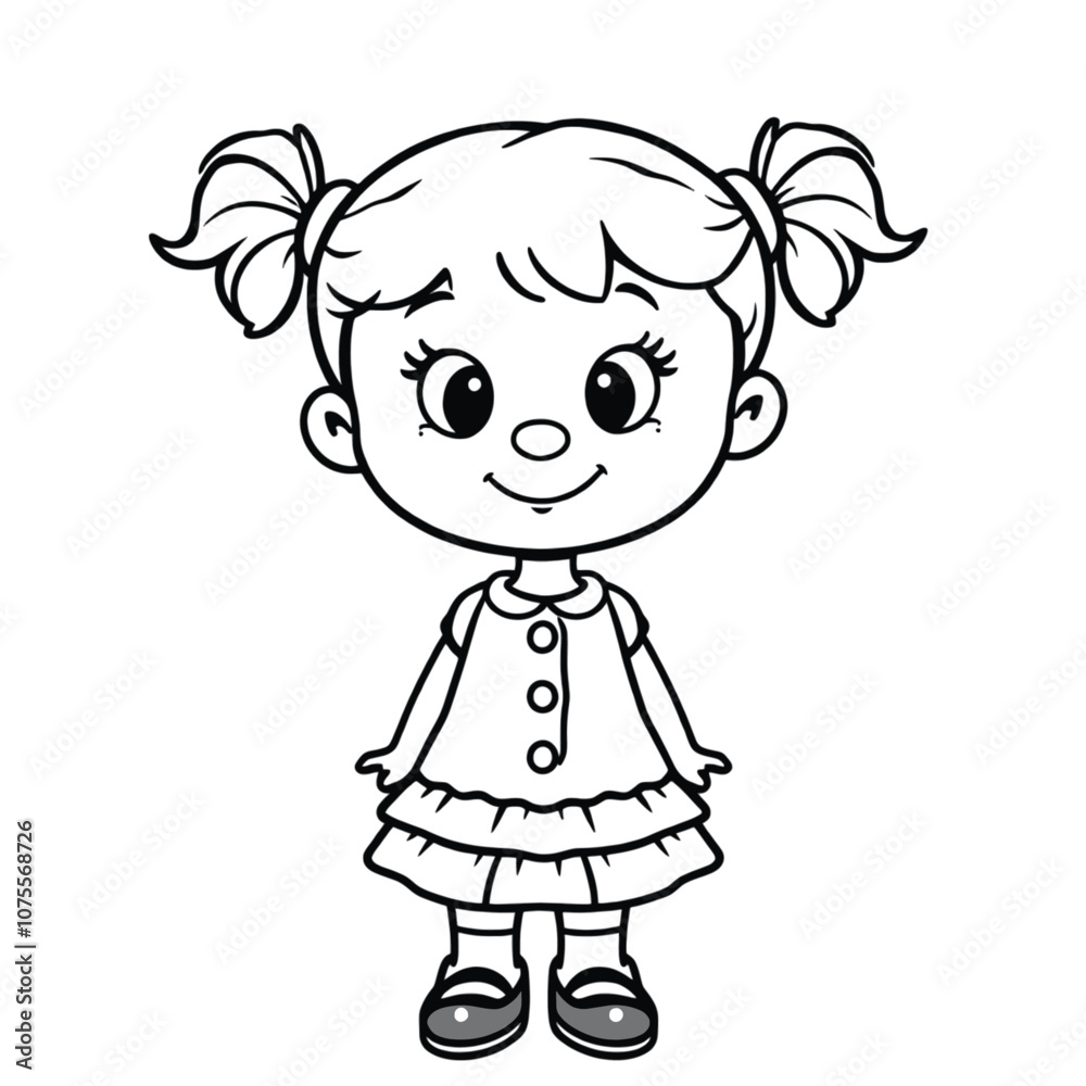 a black and white line drawing of a cartoon girl. She has two large round eyes, a black and white line drawing of a cartoon girl. She has two large round eyes,