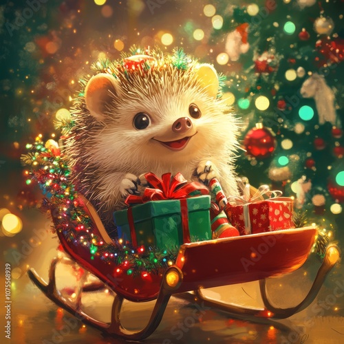 Cute little hedgehog sitting on Christmas sleigh with gifts,  photo