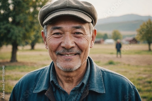 Close portrait of a smiling senior Kazakh male farmer standing and looking at the camera, outdoors Kazakh rural blurred background photo