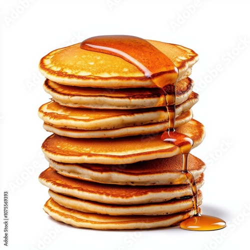 A photostock of a fluffy pancake stack with syrup, ideal for breakfast or brunch themes, isolated on white background, High Quality