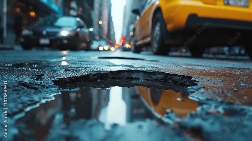 Urban street scene with potholes and reflections. Urban street scene with potholes and reflections.