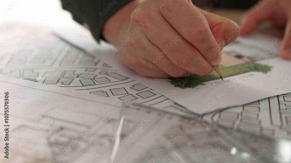 A video of architect with triangle ruler and pencil to measure blueprint. Architect designing house construction on a table at studio, architectural plan scattered around. Focus on hand. Delineation. A video of architect with triangle ruler and pencil to measure blueprint. Architect designing house construction on a table at studio, architectural plan scattered around. Focus on hand. Delineation.