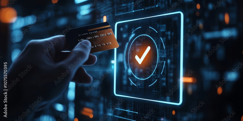 This illustration shows how to confirm a secure online credit card payment via a userfriendly interface with a verification tick symbol, emphasizing transaction security in fintech This illustration shows how to confirm a secure online credit card payment via a userfriendly interface with a verification tick symbol, emphasizing transaction security in fintech