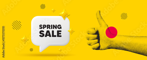 Hand showing thumb up like sign. Spring Sale tag. Special offer price sign. Advertising Discounts symbol. Spring sale chat box 3d message. Grain dots hand. Like thumb up sign. Vector