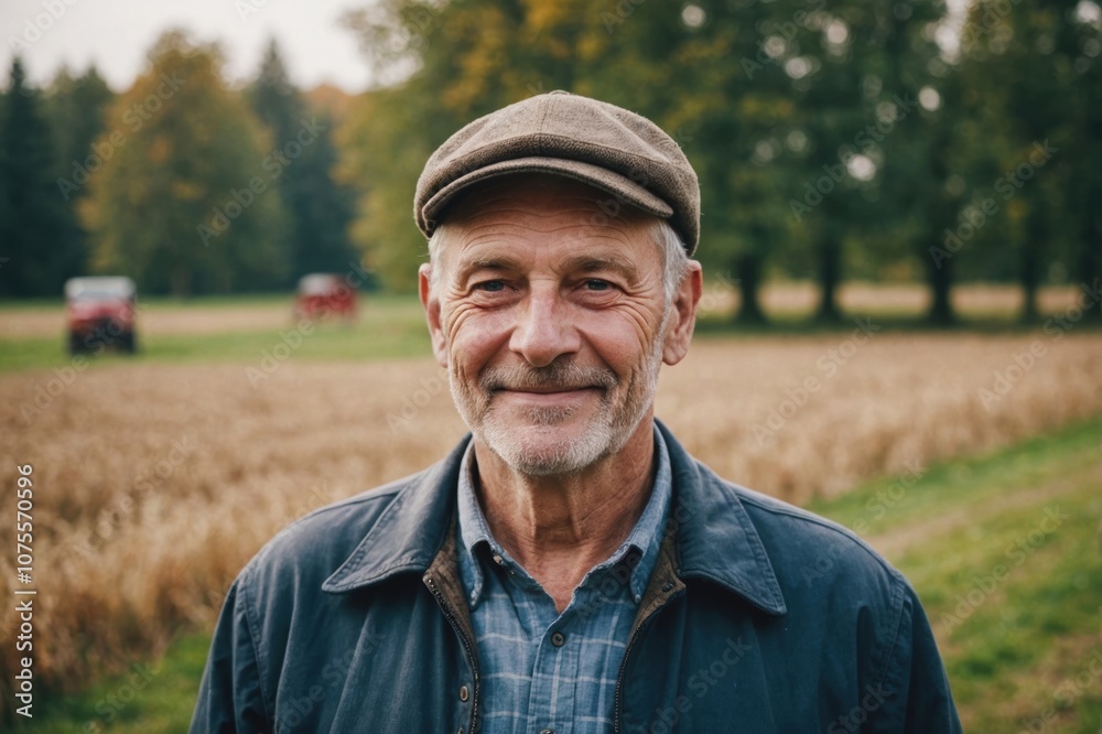 Close portrait of a smiling senior Latvian male farmer standing and looking at the camera, outdoors Latvian rural blurred background Close portrait of a smiling senior Latvian male farmer standing and looking at the camera, outdoors Latvian rural blurred background