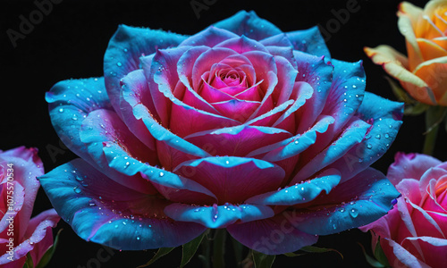 A close-up shot of a blue and pink rose with water droplets on the petals