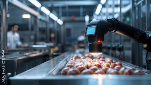 Smart Food Inspection. Robotic arm with advanced vision system scanning apples on conveyor belt in modern food processing facility.