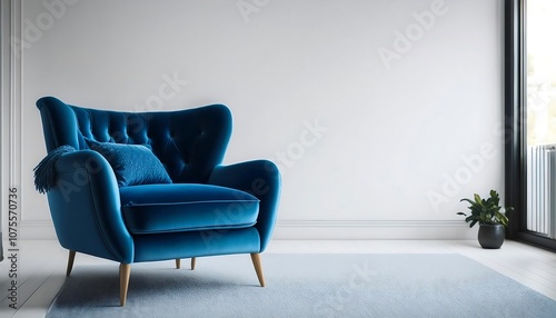  A blue velvet armchair sits comfortably in a modern studio with crisp white walls and a foc_1(49)